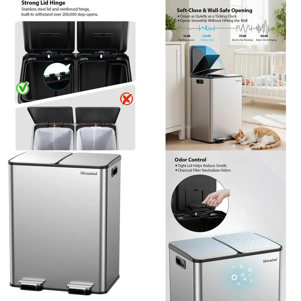 

Dual 8 Gallon Stainless Steel Kitchen Trash and Recycle Bin with Step-On Lid, Silver
