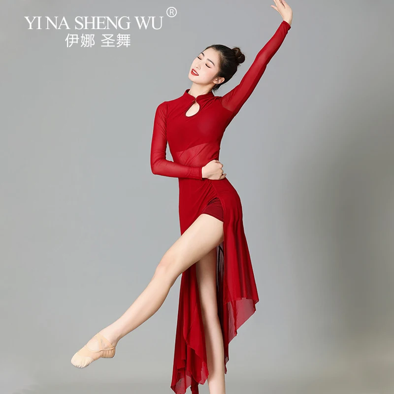 Classical Dance Clothing Mesh Long Sleeved Irregular Hem High Slit Latin Dance Costume Dance Practice Chinese Folk Dance Dress