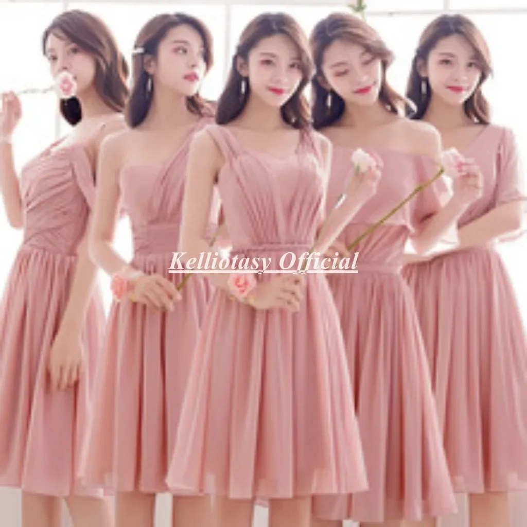 

Summer Chiffon Short Bridesmaid Dresses Knee Length Pink Bridesmaid Gown For Weddings
