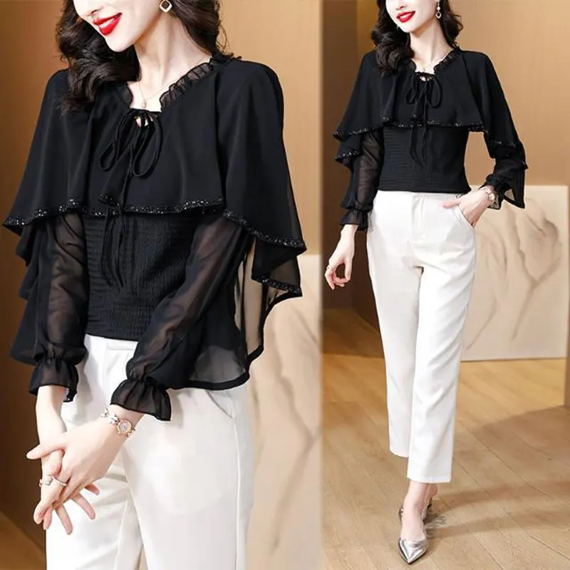 Commute Vintage Cloak Shirt Women\'s Clothing O-Neck Elegant Ruffles Spliced Spring Autumn Slim Chic Sequined Drawstring Blouse