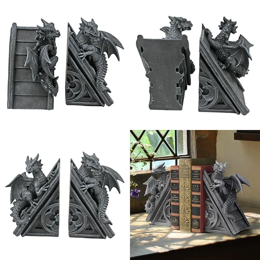 

Castle Dragon Gothic Decor Decorative Bookend Statues, 8 Inch, Set of Two, Polyresin, Grey Stone