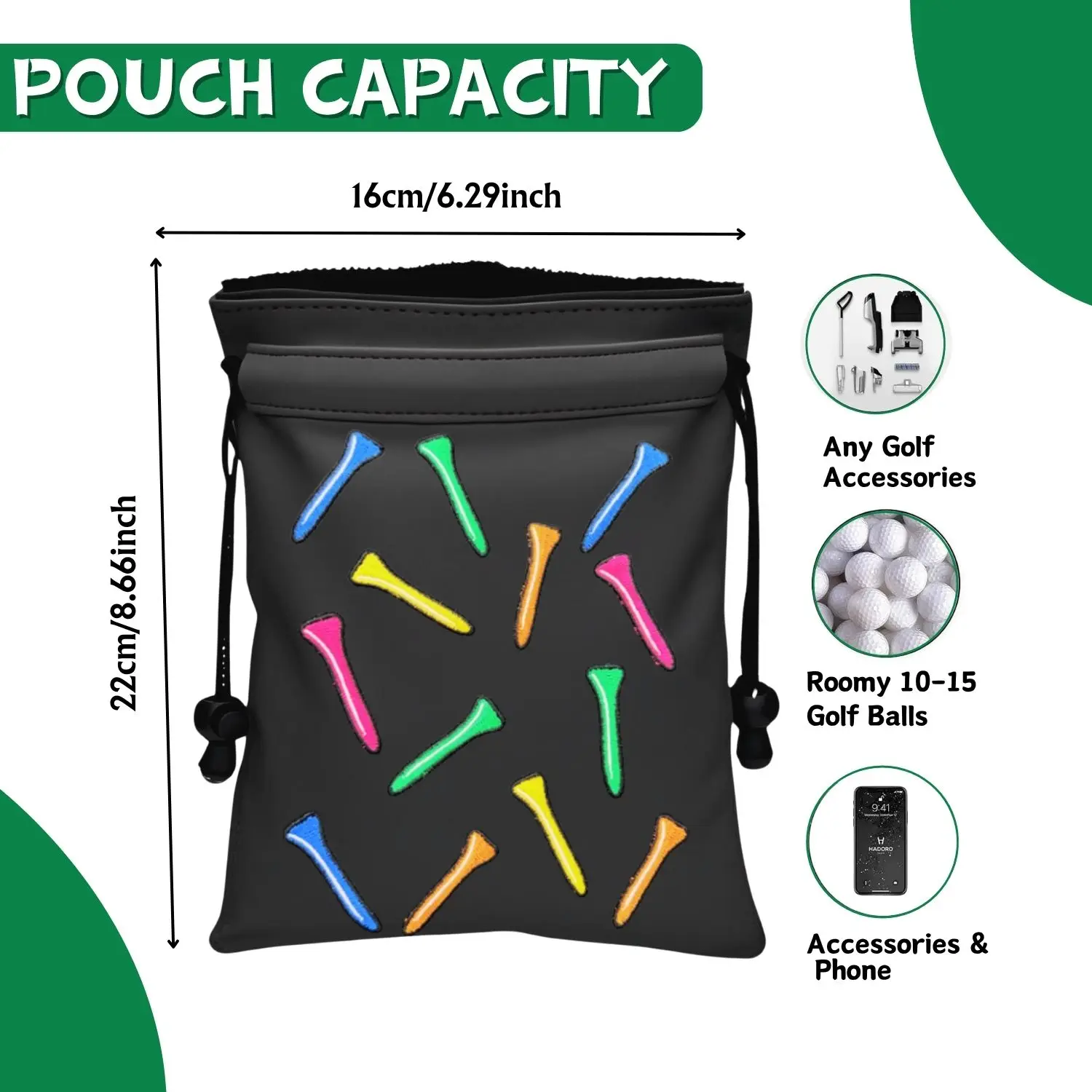 Funny Golf Valuables Pouch Golf Tee Pattern PU Leather Golf Tee Pouch with Drawstring Closure Golf Ball Tee Handbag Golf Women
