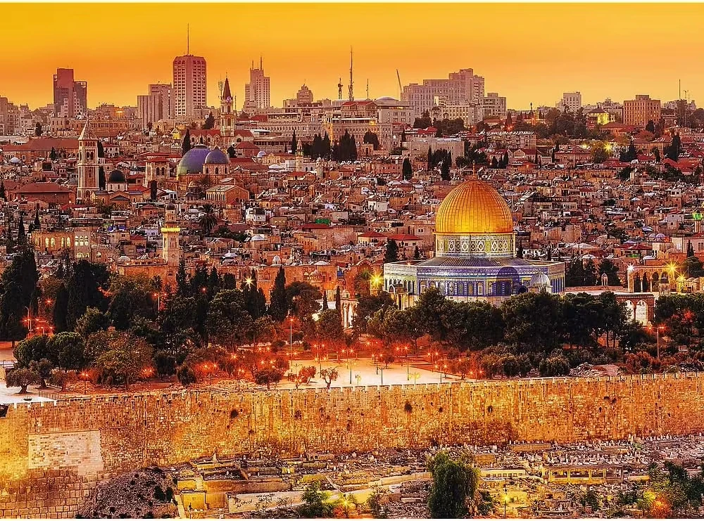 Quebra-Cabeça do Domo da Rocha no Cenário do Pôr do Sol em Jerusalém, Cúpula Dourada, Cidade Sagrada, Céu Crepuscular Laranja, Paisagem Antiga, Decoração de Parede