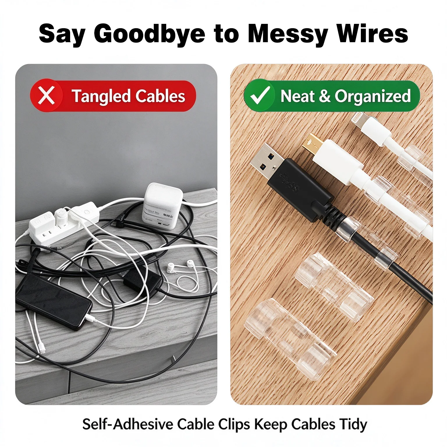 Transparent Self Adhesive Cable Clips No Drill Wire Holder Desktop Cable Organizer for USB Ethernet Power Cord Management