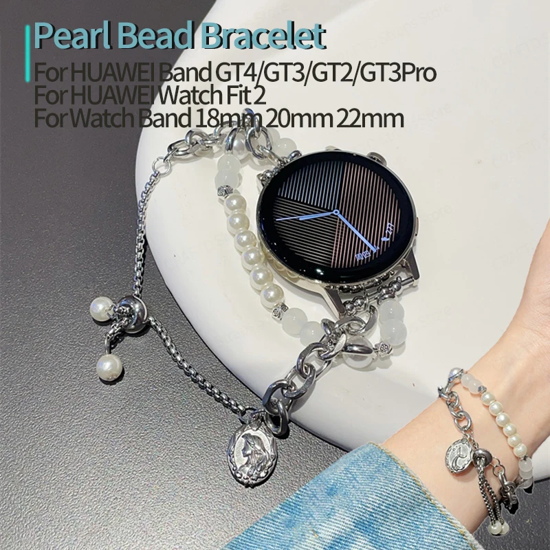 

20mm 22mm Metal Chain Watch Strap for Huawei GT4 46mm 41mm Women Pearl Bead Bracelet for Huawei Watch Fit 2 Adjustable Wristband