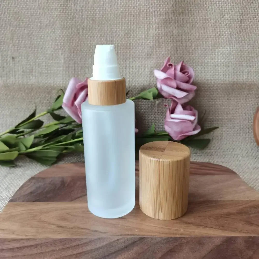 

Empty reacycle Frosted glass lotion bottle frosted glass bamboo bottles small makeup container Bamboo Lotion Pump bottle