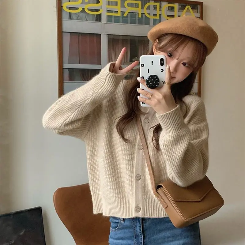 Women Autumn Vintage Fashion Loose Solid Color O-neck Long Sleeve Knitwear Ladies Office Lady All-match Knitting Cardigan Coat