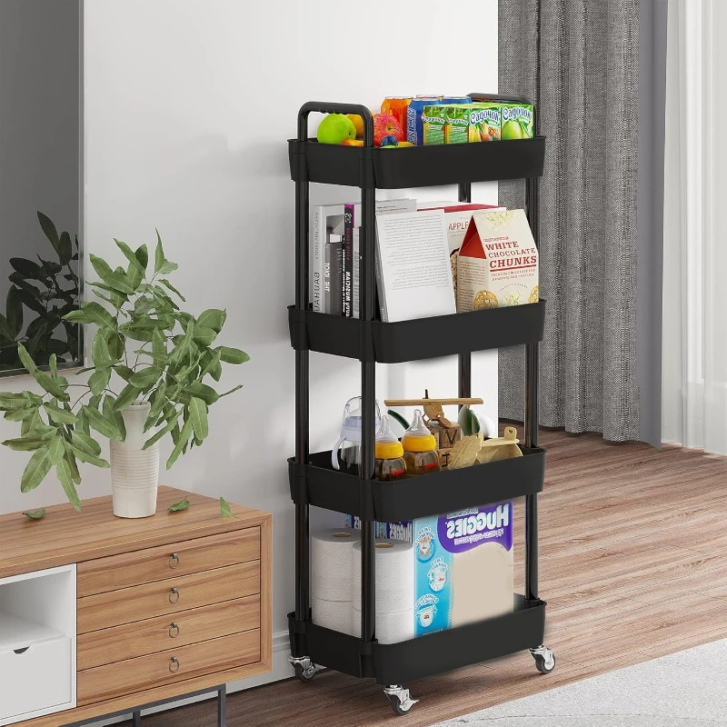 Carro utilitario rodante de plástico de 3/4 niveles, organizador de carrito de almacenamiento con ruedas, carrito pequeño para lavandería, organización del dormitorio, baño K