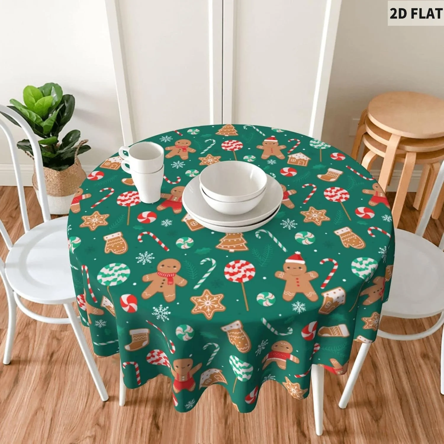 

Green Christmas Tablecloth Round Table Cover for Christmas, 60inch Washable Polyester Table Cloth for Home Kitchen Picnic Party