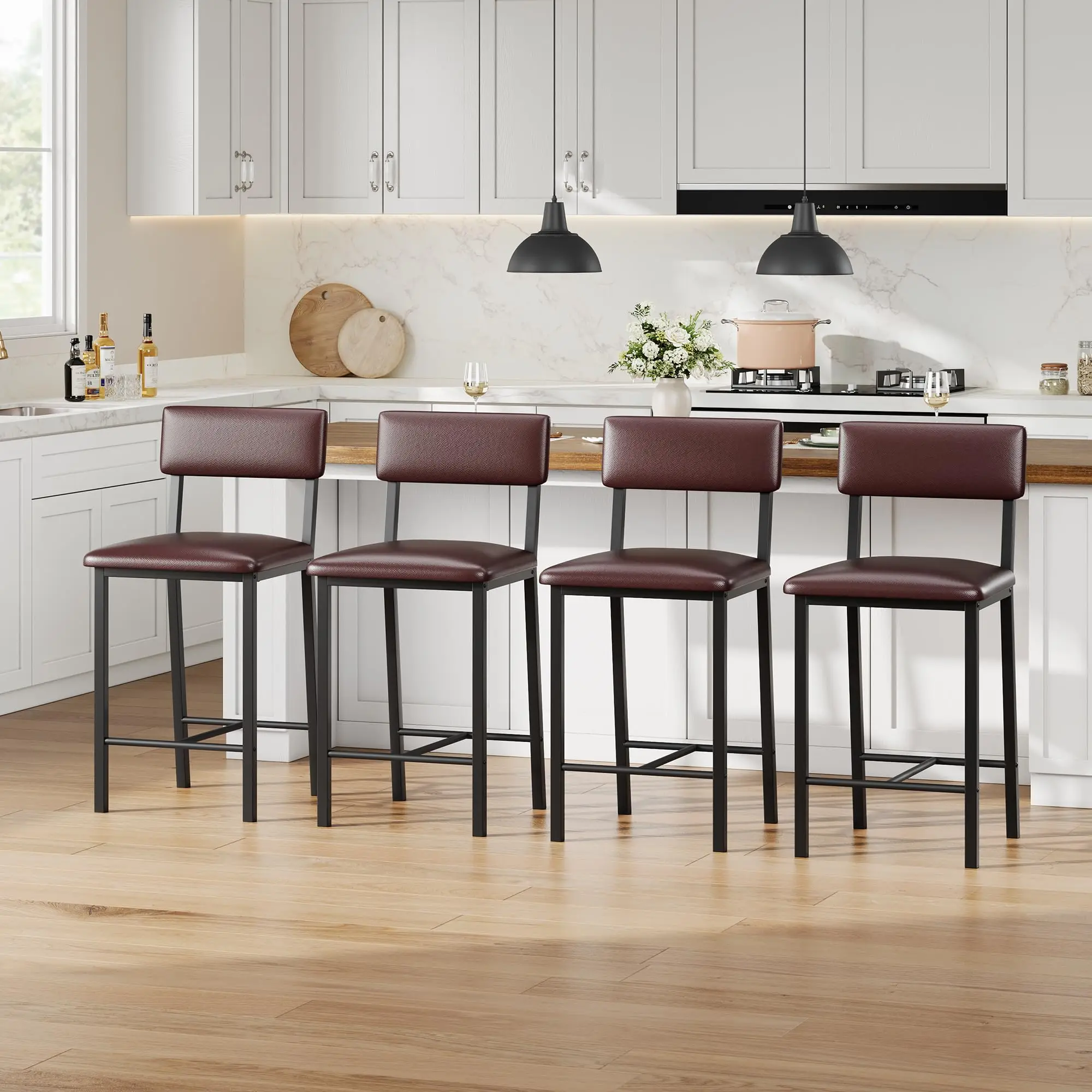 Bar Stools Set of 4, Kitchen Barstools with Thick Cushion, 25 in Counter Height Bar Stools with Backrest and Footrest