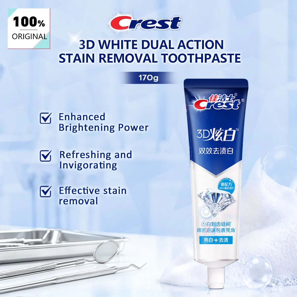 Crest 3D White Dual Action Stain Removal Toothpaste 170g,Micro-Polishing Texture,Stain-Lifting Formula,Effective Dual Action