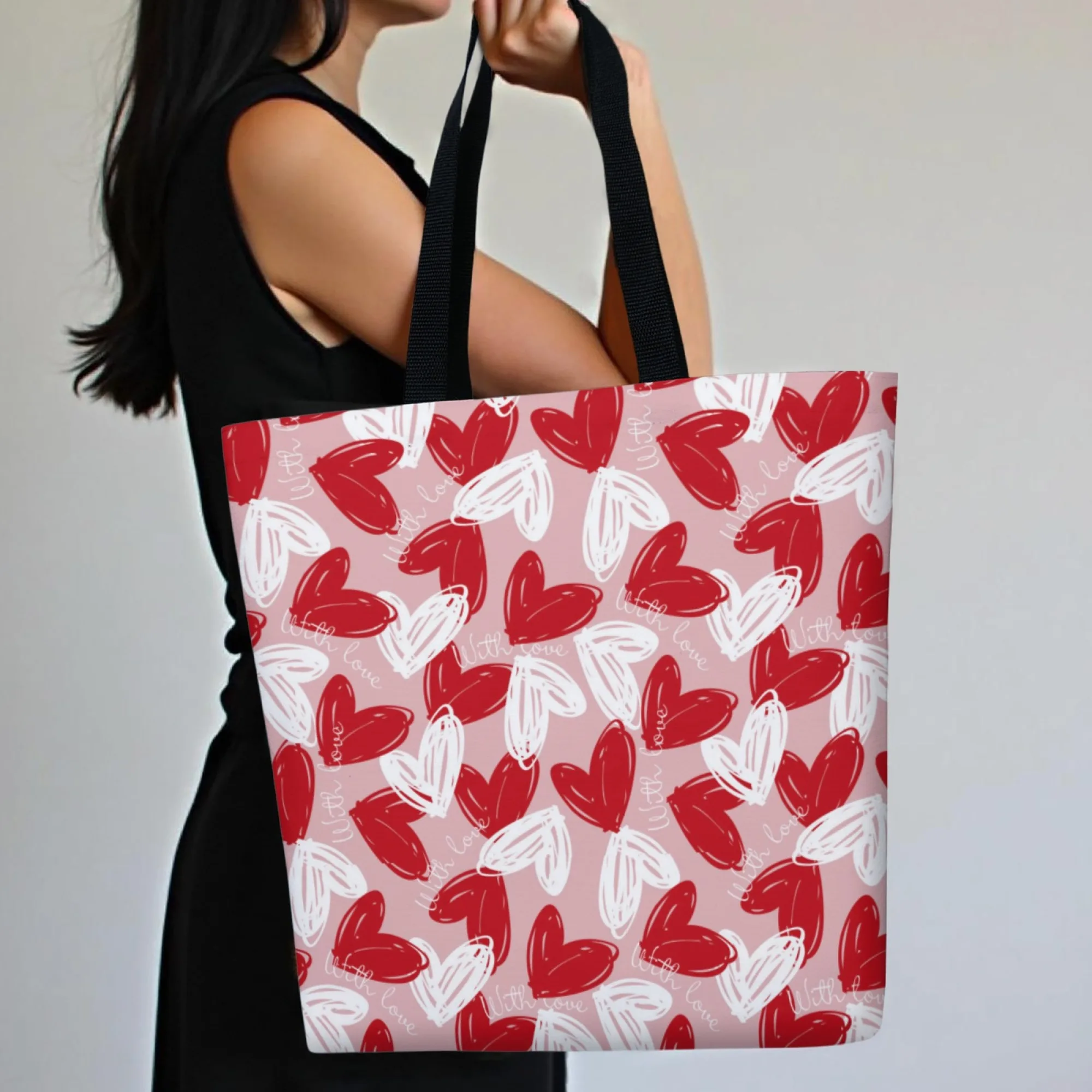حقيبة يد قماشية رومانسية على طراز عيد الحب بتصميم قلب وردي حقيبة تسوق قابلة لإعادة الاستخدام للنساء مناسبة للتنقل اليومي