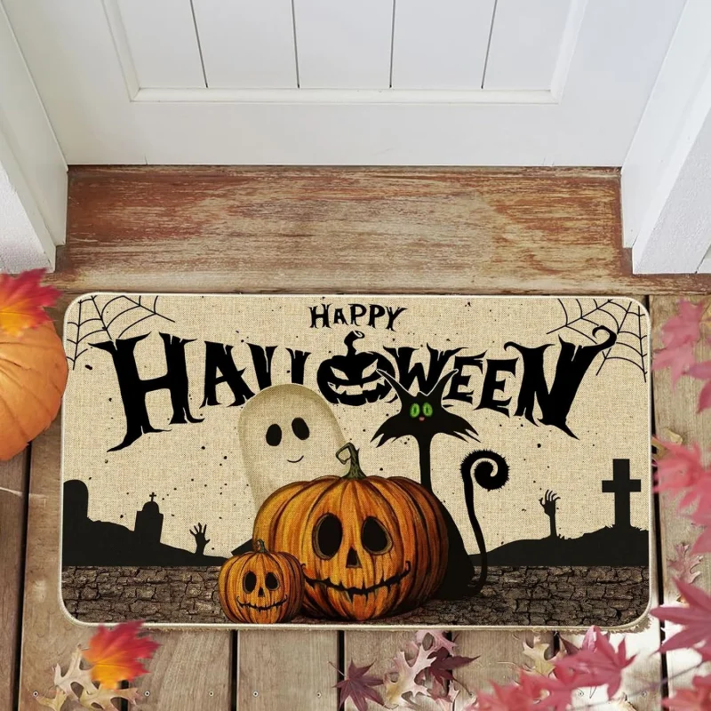 VIKAMA Happy Halloween Doormat Vintage Cobweb Ghost Pumpkin Black Cat Tombstone Pattern Non Slip Front Entryway Decor Floor Mat