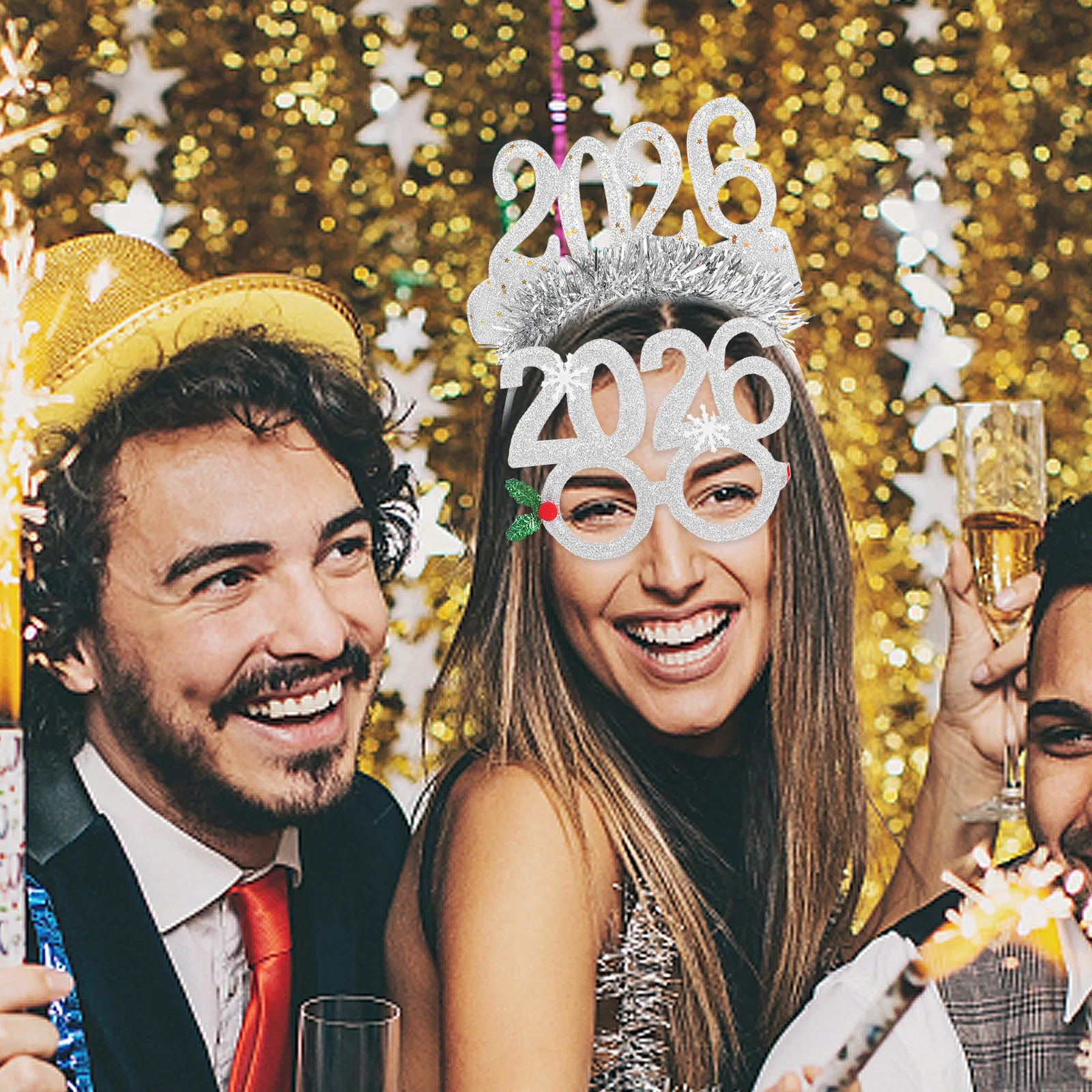 

1Set New Year Party Headband Set 2026 Glitter Holiday Hair Hoops Women Festive Celebration Headwear Photo Booth Props