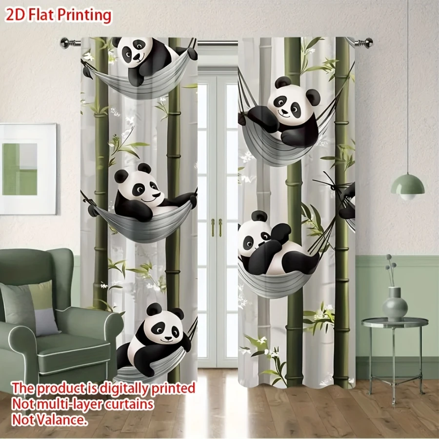 Digital Printed Curtains, Cute Bear Lying on Bamboo Pattern, Stylish Window Treatment for Living Room Bedroom Decor