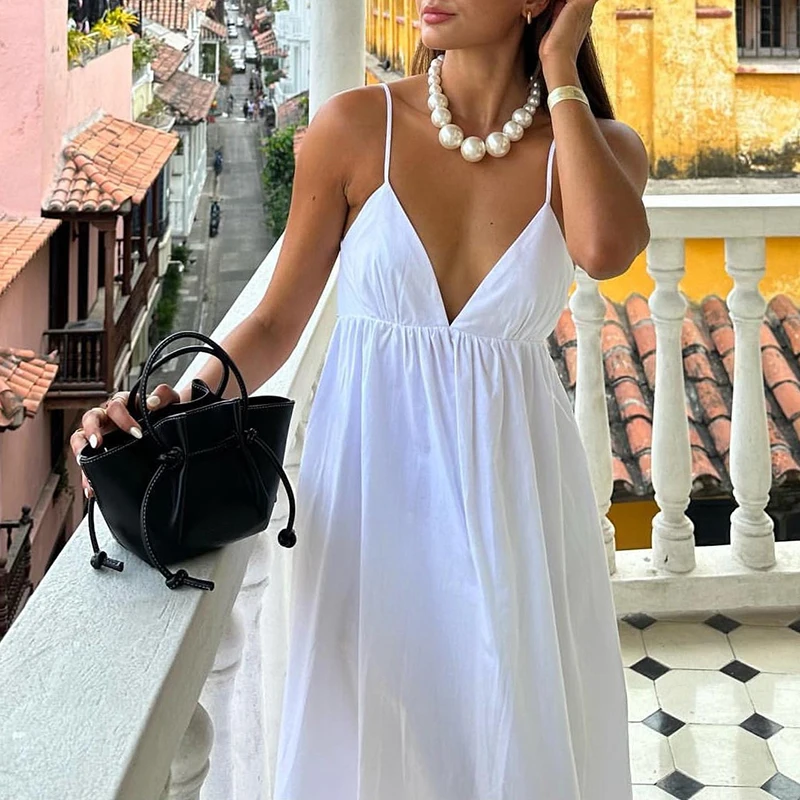 Sexy Backless Midi Dress Sleeveless V Neck Dress 2024 Fashion Summer Ladies Casual Loose Beach Dress Holiday White Long Dress