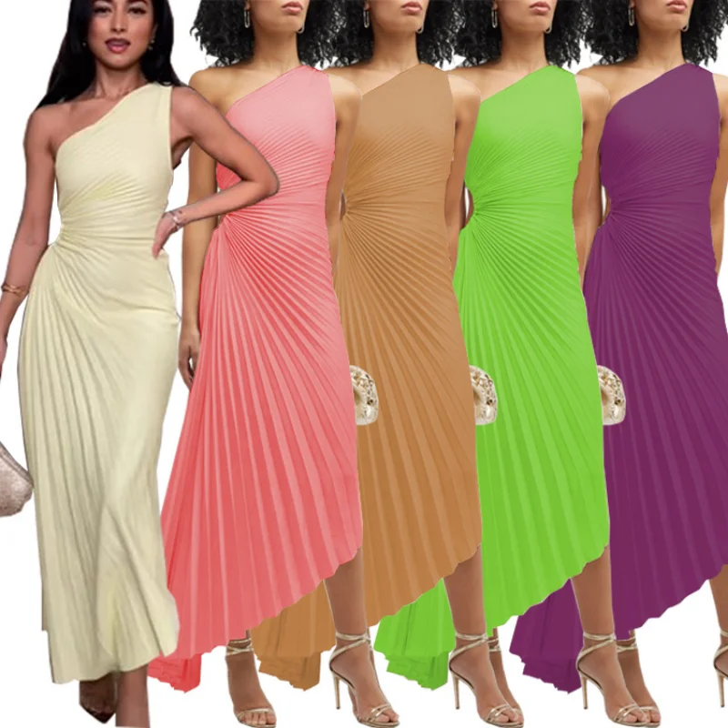 

Elegant Ruffled Purple Pleated Diagonal Collar Maxi Dresses For Women Backless Sleeveless Irregular Dress Lady Evening Vestidos