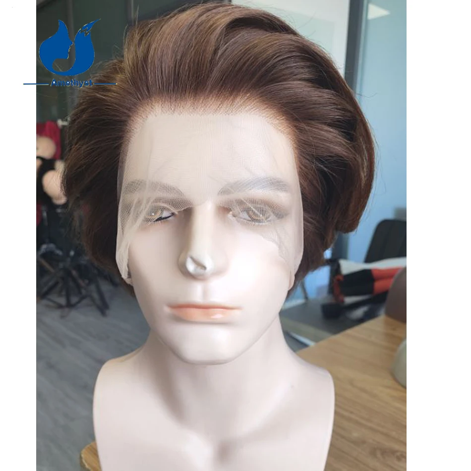 Amethyst Pre Styled Brown Color Short Straight Pixie Cut Full Lace Wig Brazilian Remy Human Hair Pre Plucked for Men Bleached