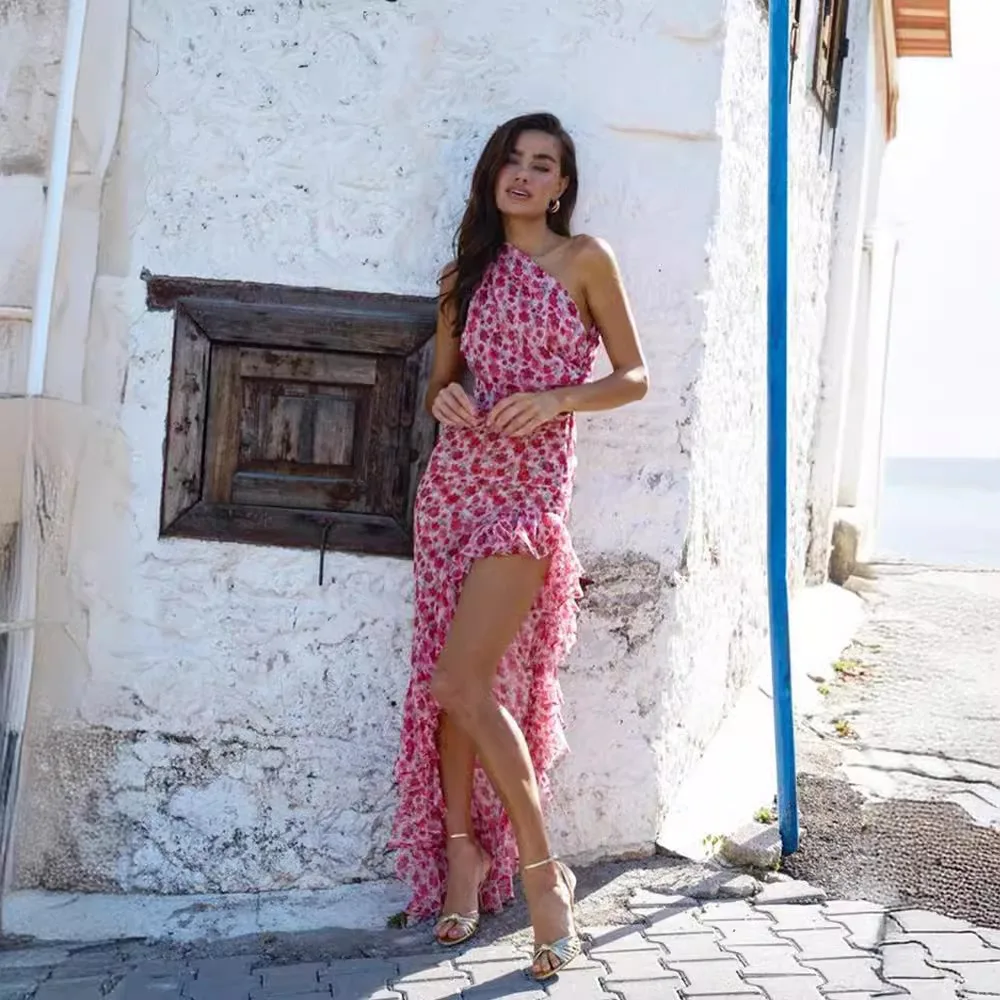 Dykr 2025 vestidos de verão atacado para mulheres moda pescoço inclinado plissado borda irregular estilo férias saia longa floral