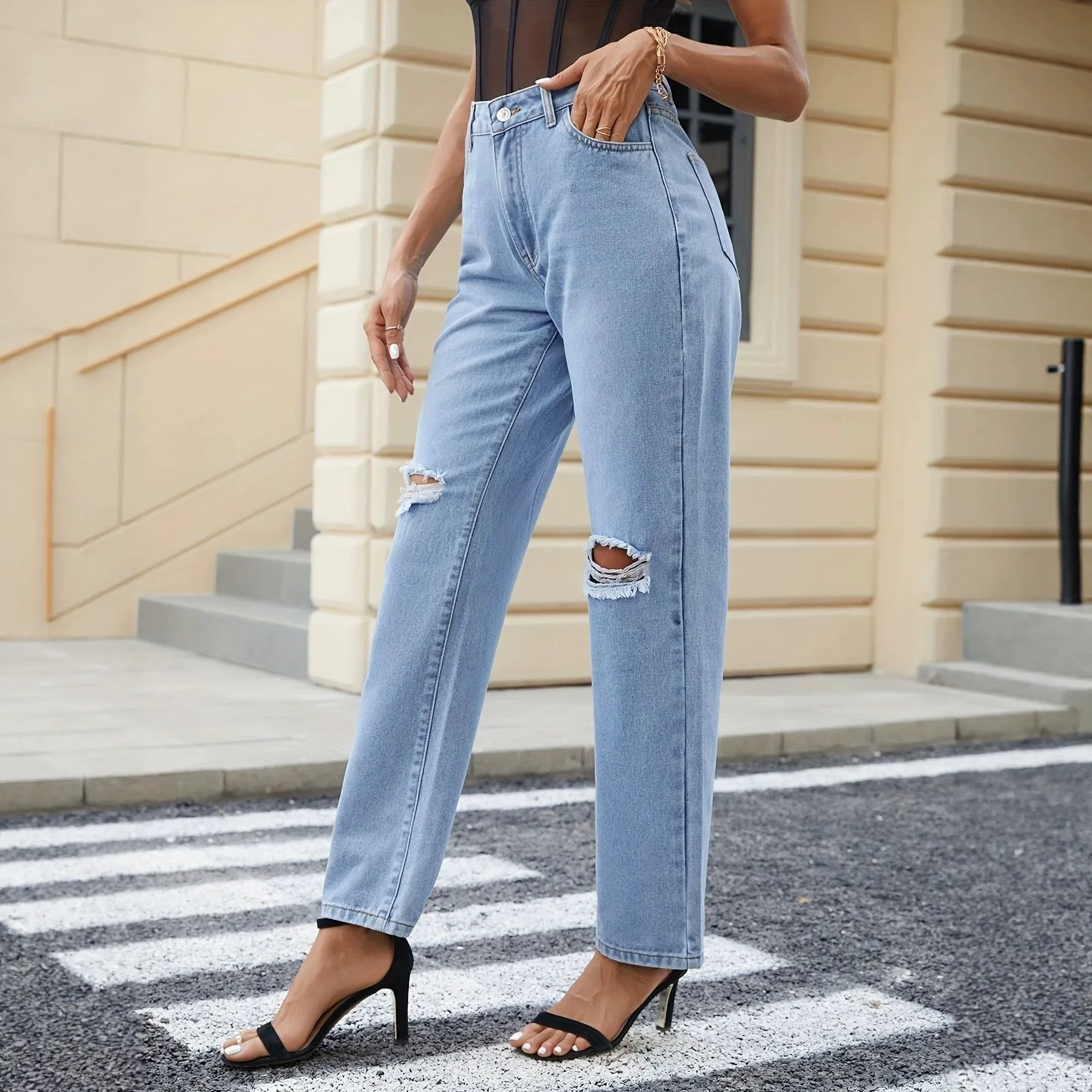 Ripped Distressed High Waist Jeans with Loose Fit Individual Streetwear Women Jeans Pants Regular Thickness Full Length Summer