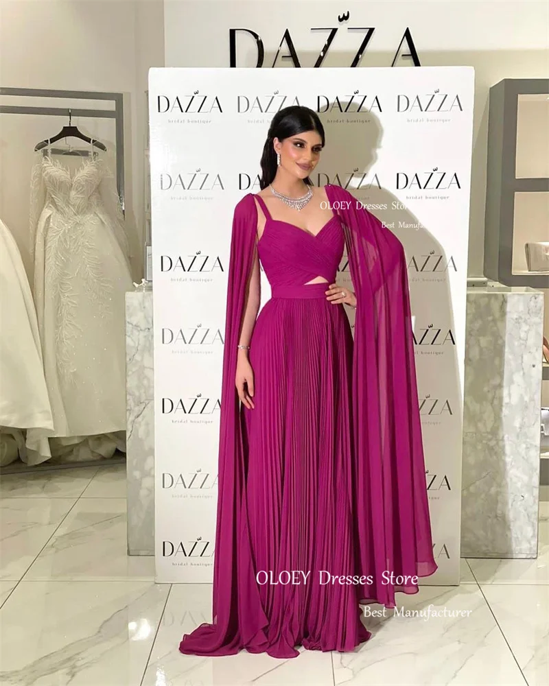 OLOEY Purple Draped Chiffon Kuwait Formal Evening Dresses Long Cape Sleeves Straps Saudi Arabic Women Prom Gowns Party Dress