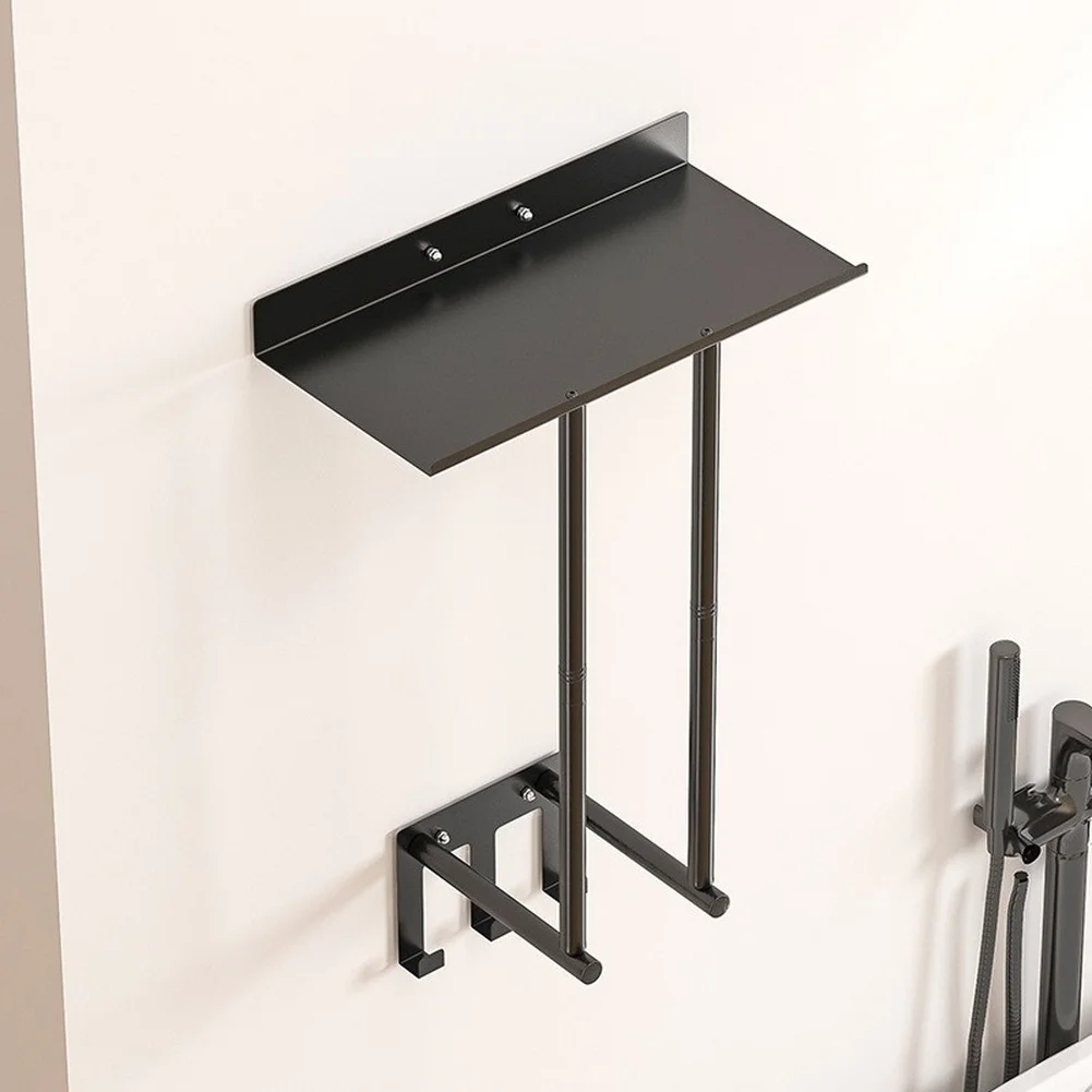Wall Mounted 2 Tier Towel Rack No Tools Required Black Iron Rustproof Design for Bathroom Use on Smooth Walls 34x16x7.5cm