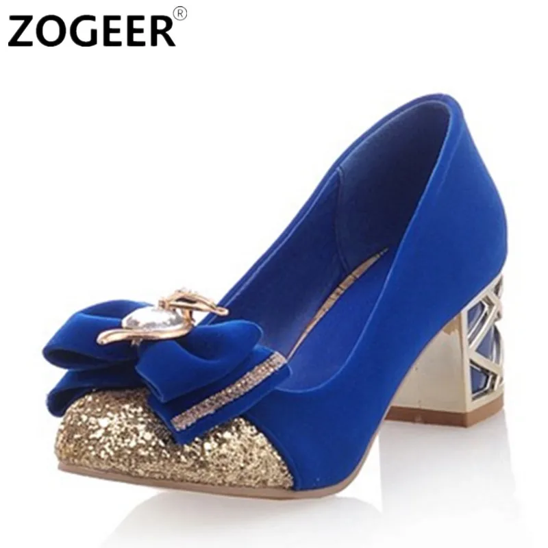 Luxury Crystal Blue Low Block Heels Casual Women's Pumps Shoes Sweet Bow-tied Black Pink Heeled Wedding Party Shoes Ladies