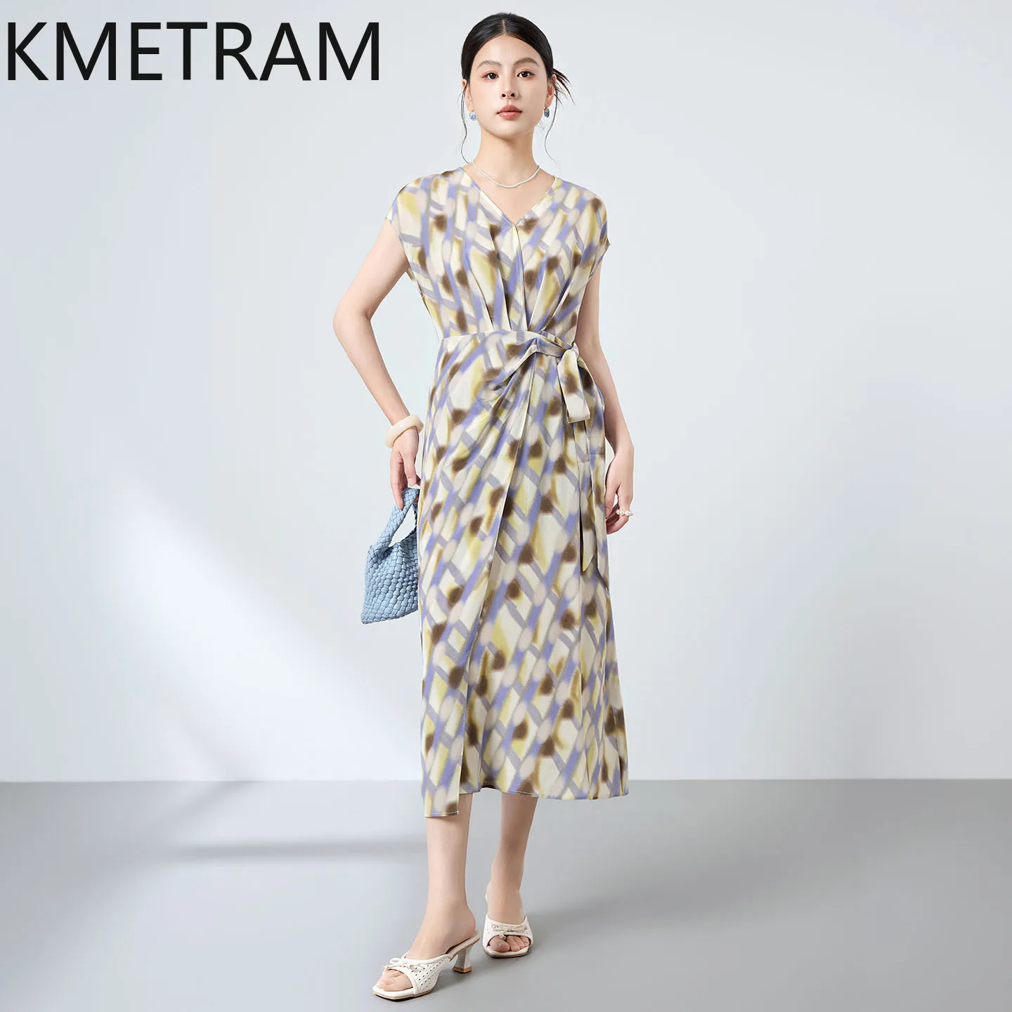 KMETRAM 100% Natural Mulberry Silk Tank Dresses for Women Elegant Print Midi Dress V-Neck Summer Frocks Woman Clothing 2026 원피스