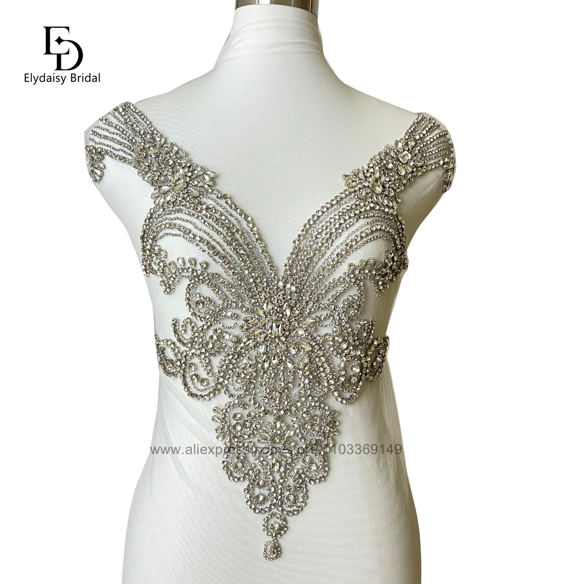 

1PCS Silver Gold Green V-Neck Rhinestone Lace Patch Crystal Mesh Embroidery Wedding Dress Accessories Bridal Gown Applique