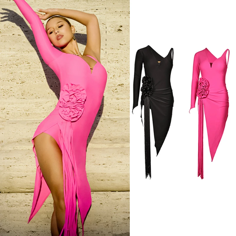 

Сексуальное платье с бахромой для латинских танцев с одним рукавом, женское платье для латинских танцев чача, профессиональное платье для взрослых, костюмы для бальных танцев DW11173