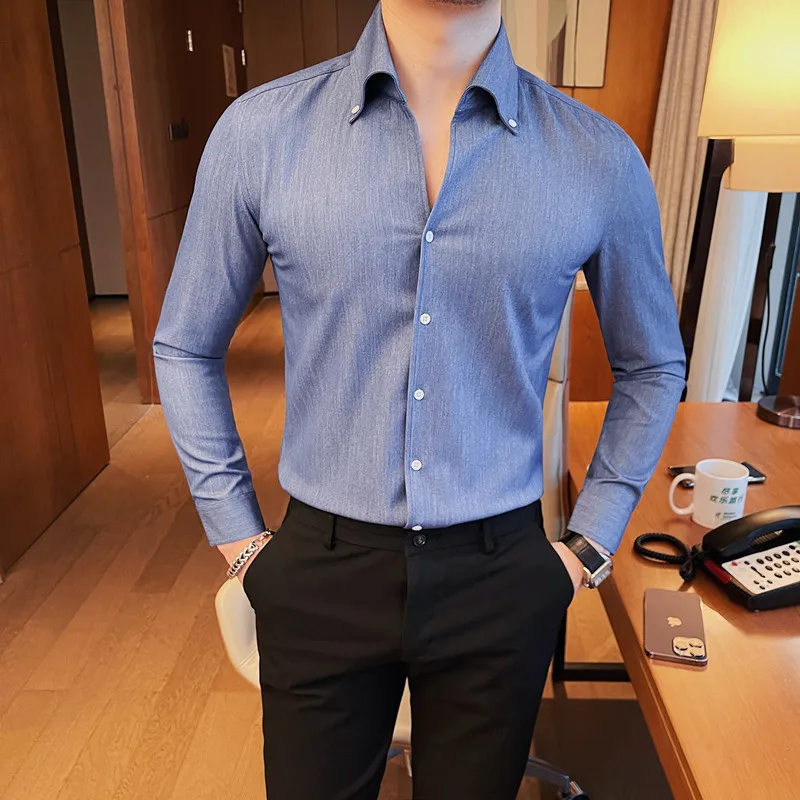 High Quality Denim Blue Business Casual Shirt for Men Long Sleeve Slim Fit Lapel Shirt Social Party Streetwear Shirts 2023