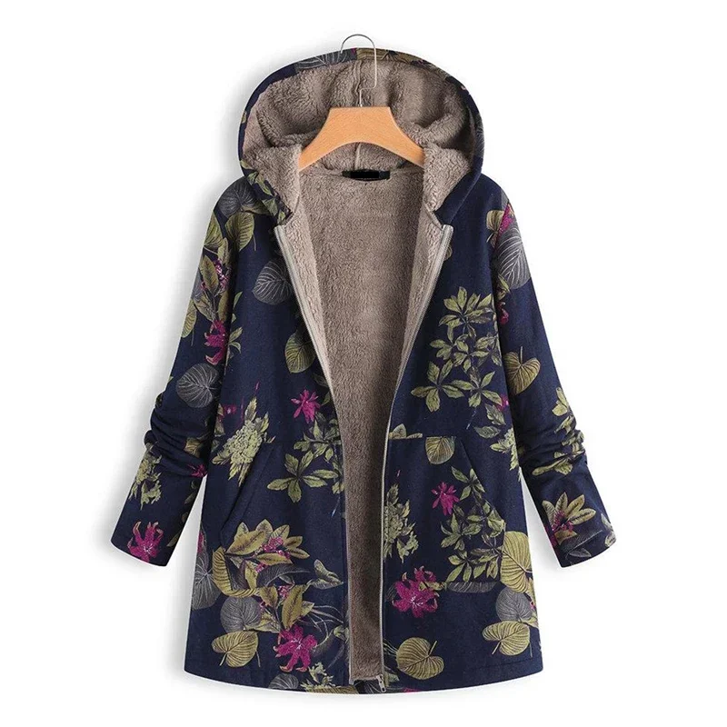 Jaqueta floral com capuz feminino, com capuz estampado com flores, casacos grandes, Parkas acolchoados, Vintage, Quente, Inverno, Novo, 2021