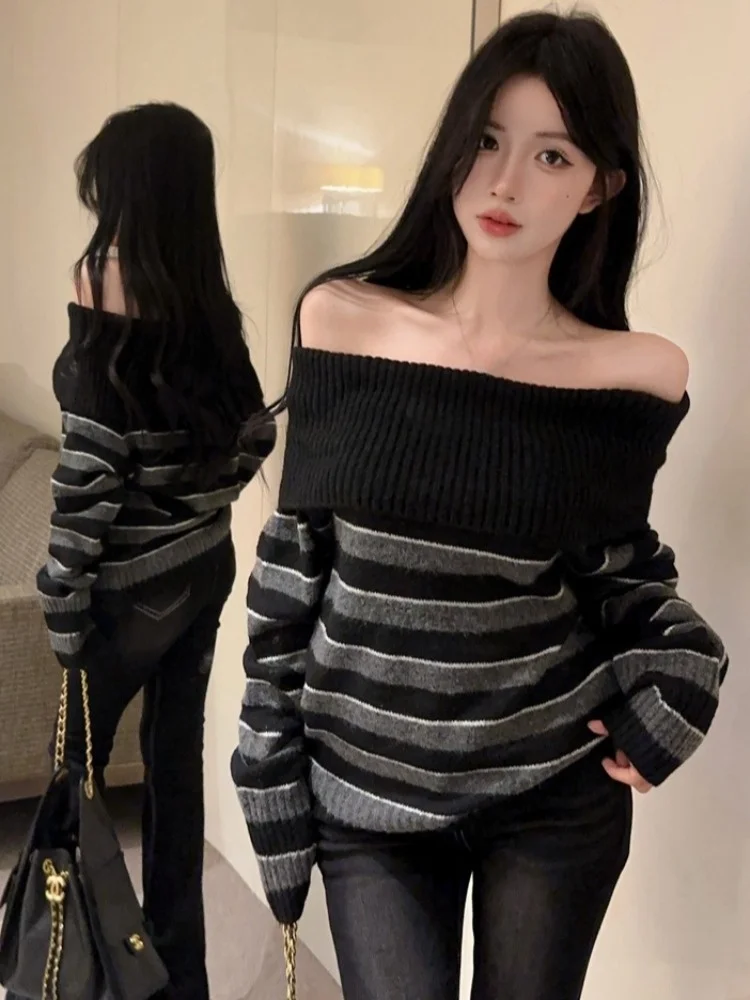 

Retro Striped One-Shoulder Embroidered Knitwear Loose Long Sleeve Women's Design Casual Lazy Style Top for Autumn Winter