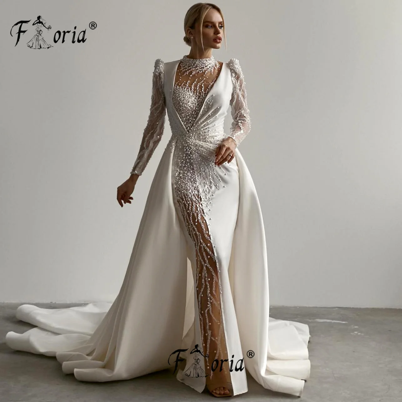 Luxo marfim pérolas frisado sereia vestido de evento de casamento com overskirt personalizado elegante dubai feminino formal vestidos de noite gala