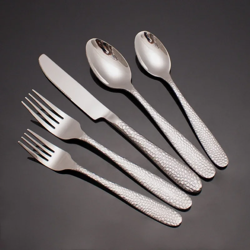 Round Handle Hammer Pattern Stainless Steel Knife Fork Spoon Set Steak Hotel Restaurant Western Dining Tableware