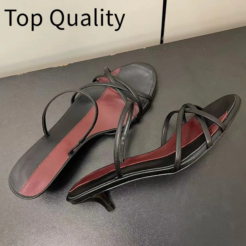 Women's fashionable leather cross strap casual sandals with women's patchwork color simple strap and slim heel sandals