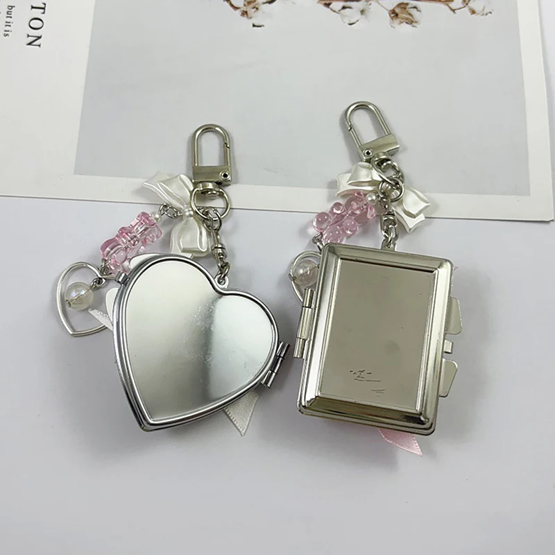 Pearl Bowknot Metal Keychain With Heart Shaped Mirror INS Style Bag Keyring Sweet Fashion Earphone Camera Pendant Gift