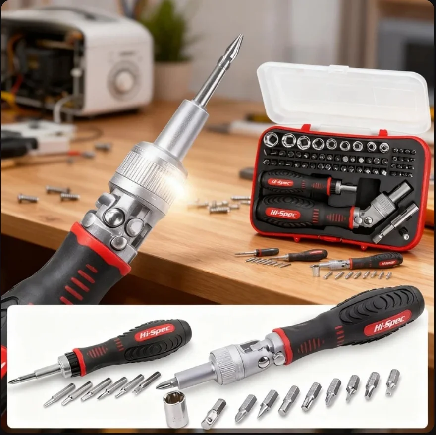 

Hi-Spec Ratchet Screwdriver Bit Set 61pc 1/4 180 Degree Adjustable Screwdriver Handle Universal Wrench Socket Hand Tool in Case