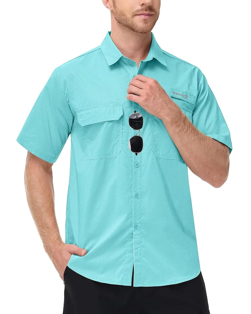 Herren UPF 50+ Kurzarm-Angelhemden mit Sonnenschutz, Rashguard, lässiges Button-Down-Angel-Wandershirt mit atmungsaktivem Mesh – Detail 13