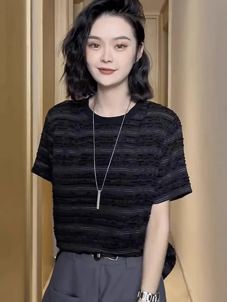 Loose Striped Base irt Pure Cotton ort Sve round Ne Design Casual Versatile Summer Top for Young Women Commute Sle