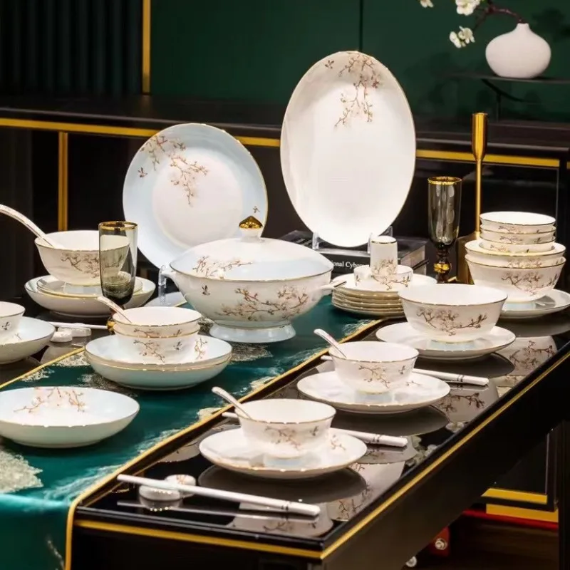 

Light luxury bone china tableware household dishes set Jingdezhen high-end ceramic dishes housewarming gifts