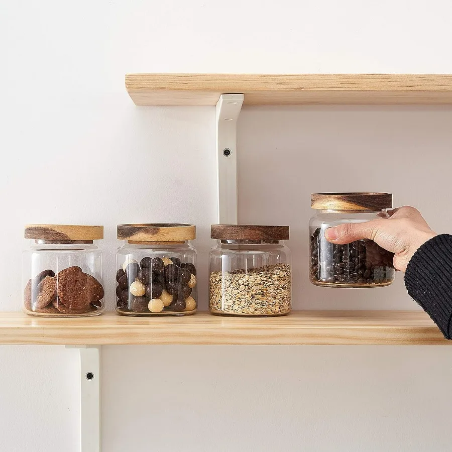 مجموعة من 4 برطمانات/علب طعام زجاجية شفافة مقاس 18 أونصة × 4 مع أغطية من خشب السنط مع ختم محكم الغلق لتخزين المطبخ/الحمام/الحلوى #3