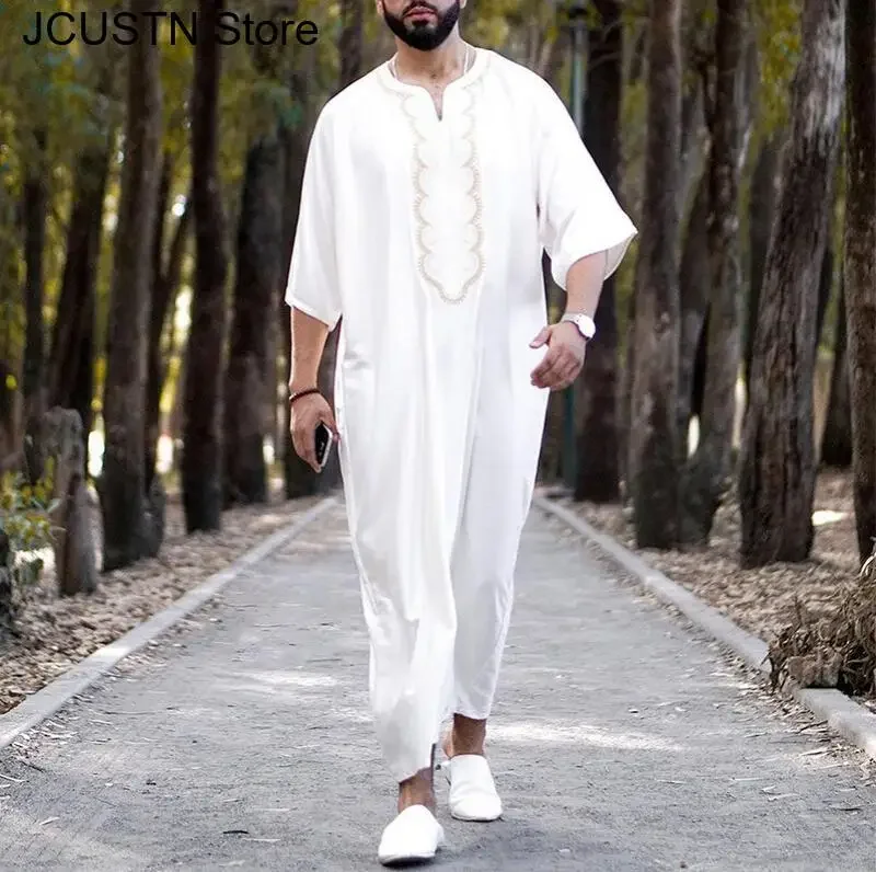 Stampa Islam Caftano Abbigliamento Uomo Plus Size 3Xl 4Xl Allentato Traspirante Djellaba Abaya Thobe Caftano Musulmano Manica Corta da Uomo Veste