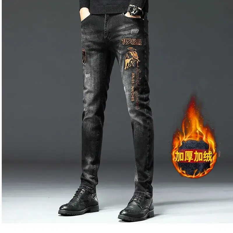 High-end trend brand European style embroidery men's fleece lined jeans Slim casual black ne