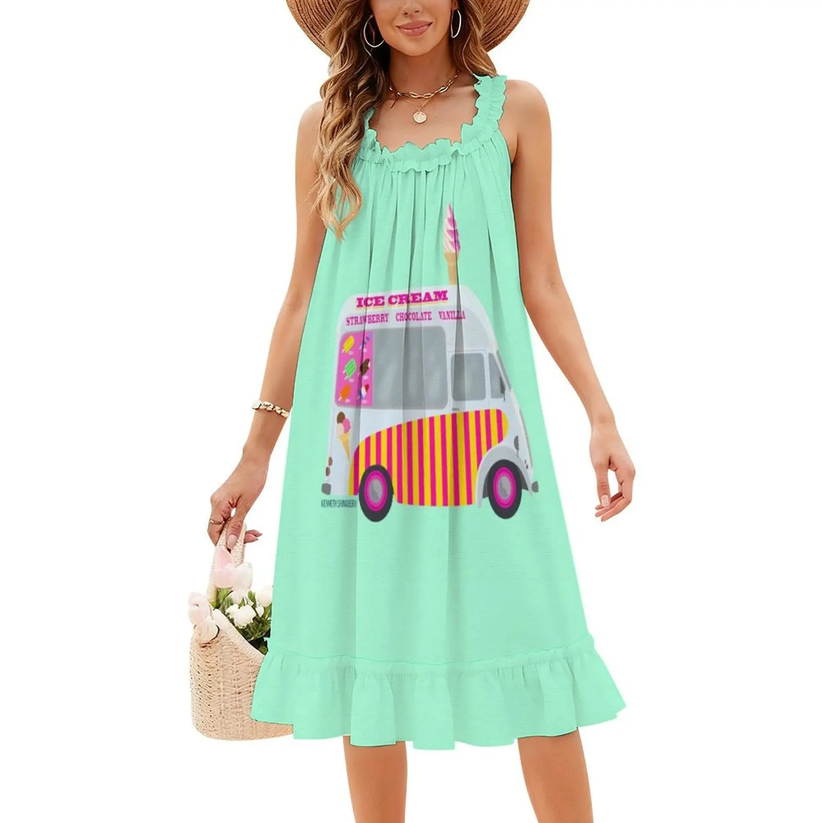 فستان قصير على طراز Preppy لشاحنة الآيس كريم للنساء على شكل حرف a فضفاض مناسب فستان يوم غير رسمي شاحنة الآيس كريم المصاصة للسيدات #4