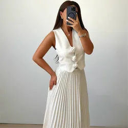 Elegant Solid Color Set Women's Summer Sleeveless Flower Vest And Big Swing Pleated Skirt Two-piece Set Party Conjunto Feminino