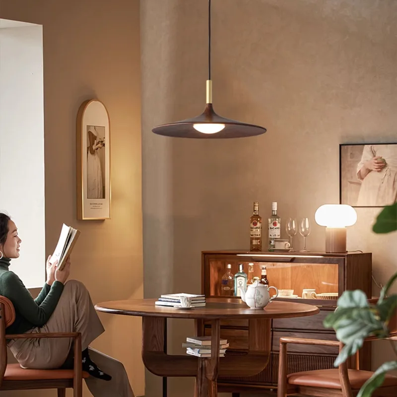 

New Chinese medieval dining room flying saucer chandelier, black walnut solid wood wabi-sabi style bedside bar three