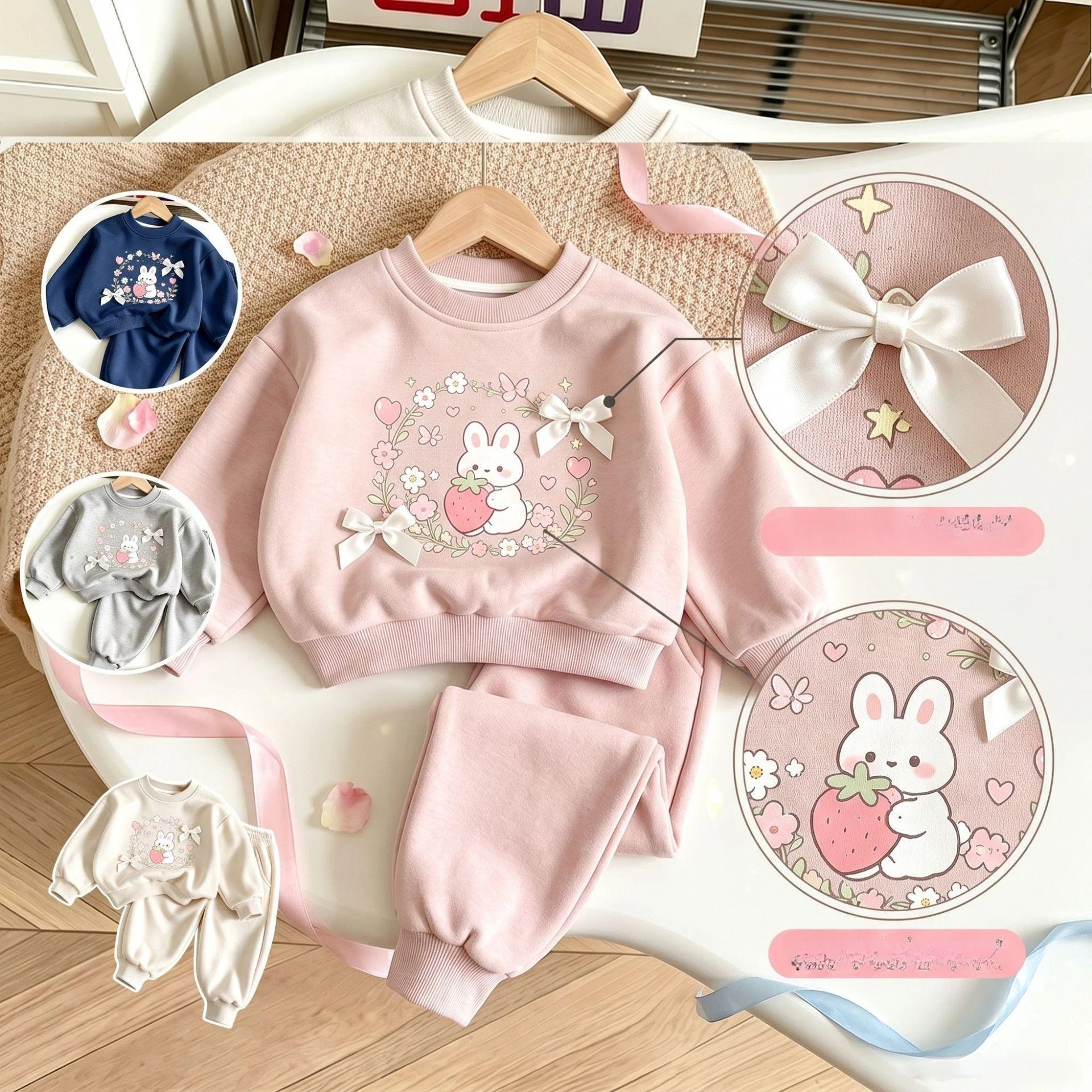 Girls Cartoon Bunny Print Sweatshirt & Joggers Set – Spring Casual 2-Piece Outfit for Toddlers, Cute Sports Wear