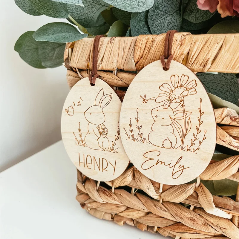 Personalized Bunny Rabbit Wooden Sign Gift Egg Hunt Basket Bucket Bag Name Tag spring Easter Ornament Family Kid Boy Girl Gift