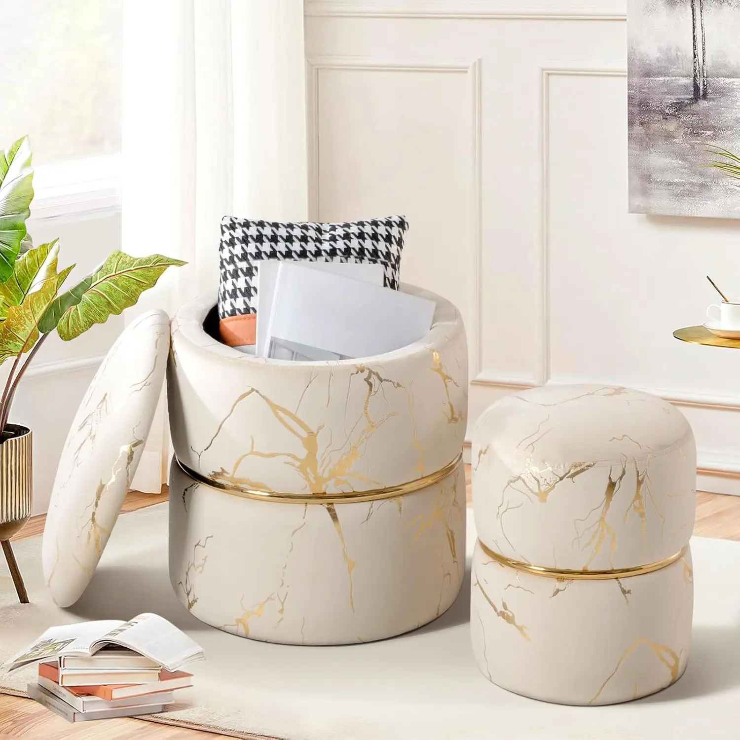 

Round Storage Ottoman Set Of 2, Modern Velvet Vanity Stool For Makeup, Comfy Ottoman With Storage, Upholstered Footstool For
